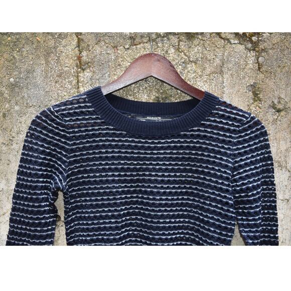AllSaints Navy & Silver Striped Sheer Knit Sweater Women’s Size 2 (UK 6 / EU 34) - Picture 3 of 4